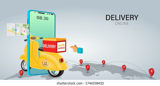 Fast delivery by scooter on mobile. E-commerce online concept. Online food order infographic. Webpage, app design. vector illustration.