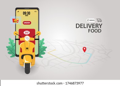 Fast delivery by scooter on mobile. E-commerce concept. Online food order infographic. Webpage, app design.
