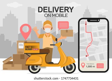 Fast delivery by scooter on mobile. Online delivery service concept. perfect for landing page, delivery website, banner, background, application, poster, on mobile.vector illustration.