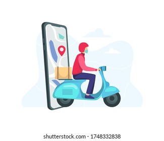 Entrega rápida por scooter en el móvil. Concepto de servicio de entrega en línea, pedido de comida o pizza en línea y caja de embalaje. Courier entrega paquetes de forma segura durante una pandemia. Vector de estilo plano