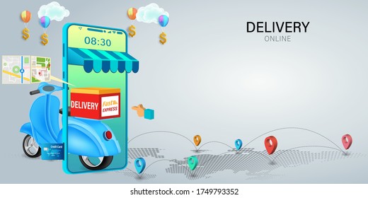 Fast delivery by scooter on mobile. E-commerce online concept. Online food order infographic. Webpage, app design. vector illustration.