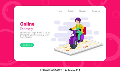Fast delivery by scooter on mobile. E-commerce concept. Online food order infographic. Webpage, app design. Perspective vector
