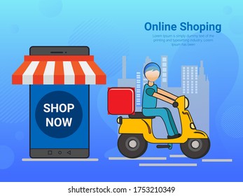 Fast delivery by scooter on mobile. E-commerce concept. Online food order infographic. Webpage, app design. Perspective vector