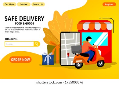 Fast delivery by scooter on mobile. E-commerce concept. Online food order infographic. Webpage, app design. Yellow background. Perspective vector
