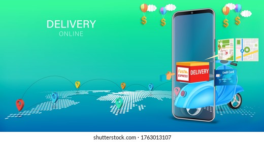 Fast delivery by scooter on mobile. E-commerce online concept. Online food order infographic. Webpage, app design. vector illustration.