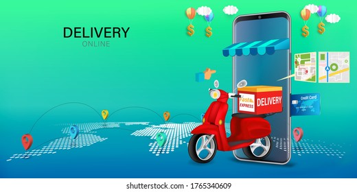 Fast delivery by scooter on mobile. E-commerce online concept. Online food order infographic. Webpage, app design. vector illustration.