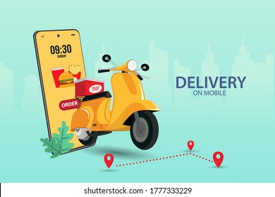 Fast delivery by scooter on mobile. E-commerce concept. Online food order infographic. app design. blue and city background