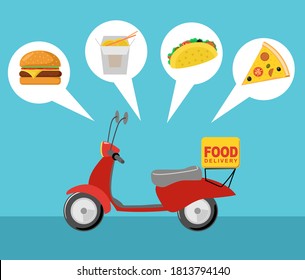 Fast delivery by scooter on mobile. E-commerce concept. Online food order infographic. Online food or pizza hamburger, tacos, chinese food. Infographic. Web Page, app design.