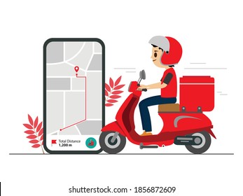 Fast delivery by scooter on mobile. E-commerce concept. Express courier on scooter shipping order Vector