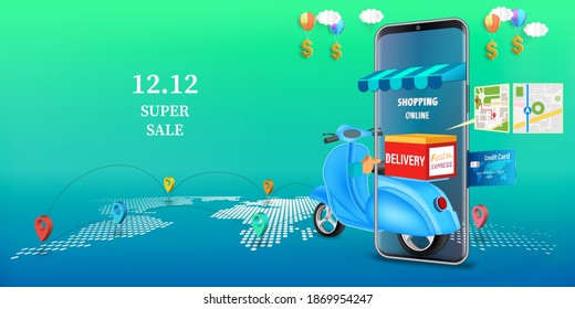 Fast delivery by scooter on mobile. E-commerce online concept. 12.12 Shopping Day .Online infographic. Webpage, app design. vector illustration.