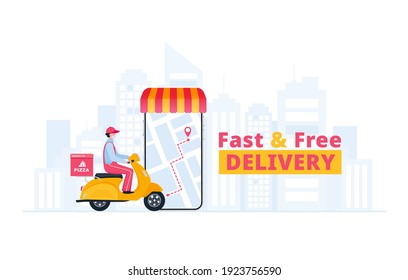 Fast delivery by scooter on mobile. Online food or pizza order. Order by phone. Tracking courier by map application. 