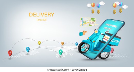 Fast delivery by scooter on mobile. E-commerce online concept or Mobile Application Vector Concept Marketing and Digital marketing, Online Application Delivery service concept.