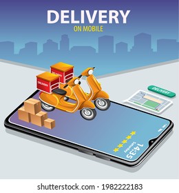 Fast delivery by scooter on mobile. E-commerce concept. Online food order infographic. Webpage, app design. Grey and blue background. Perspective vector