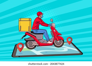 Entrega rápida por scooter en el rastreo de smartphones Estilo de historietas de arte pop retro vintage