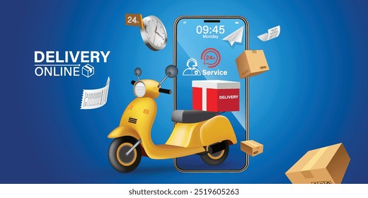 Fast delivery by scooter on mobile. E-commerce concept. Online food order infographic. Webpage, app design. Perspective vector