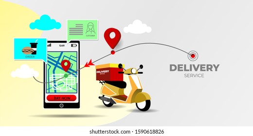 Fast Delivery By Scooter, Online Food Order Infographic. E-commerce Concept. Perspective Vector