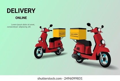 Fast delivery by scooter. Online food order and food delivery service. Smart Logistic, Ride scooter to deliver package, Courier, Motorcycle, Parcel Box, Time to Shopping. 3D Vector illustration