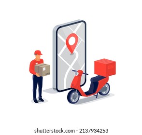 Entrega rápida a través del servicio de correo de scooter parcel con seguimiento de la aplicación de mapas de teléfonos móviles inteligentes en pantalla. Envío de carga con el regalo del paquete de la caja de retención del hombre. Exprese el pedido en línea. Concepto de comercio electrónico.