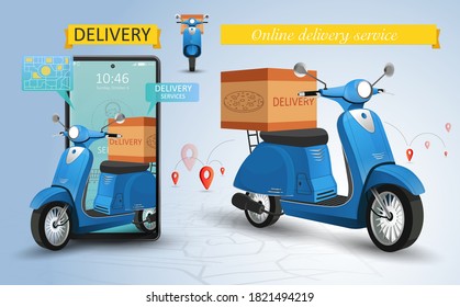 Entrega rápida por servicio de scooter. Sitio web de compras en un móvil. Concepto de pedido de comida en línea. Banner Web, plantilla de aplicación. Ilustración del vector