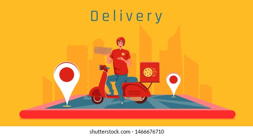 Fast delivery by scooter. Vector cartoon illustration. Food service. Location on phone online. Technology For easy life in your hand.