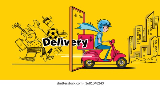 Fast delivery by scooter. Vector cartoon illustration. All time service food, drink, electronic, music, package and drug.