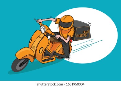 Fast delivery by scooter. Vector cartoon illustration. All time service food, drink, electronic, music, package and drug.