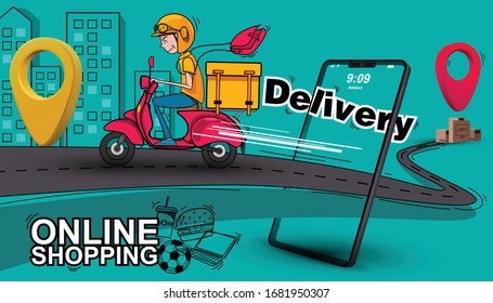 Fast delivery by scooter. Vector cartoon illustration. All time service food, drink, electronic, music, package and drug.