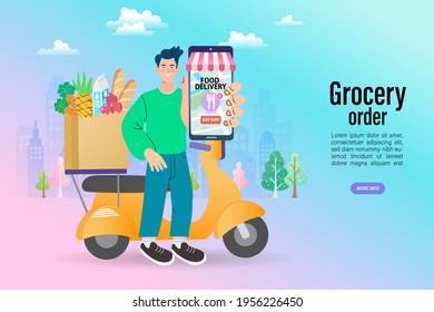 Fast delivery by scooter via mobile phone. Ecommerce concept. Online shopping. Man Using Mobile Phone for Ordering to Home. Internet e-commerce. Vector Illustration