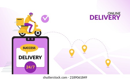 Fast delivery by scooter via mobile phone. Online delivery through the application. Tracking the courier on the map application. Vector flat illustration