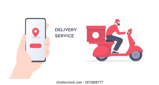 Fast delivery by scooter to your mobile phone. Online order. Electronic commerce. Mobile app. Tracking courier by mapping application. Vector illustration