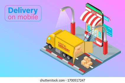 Fast delivery by truck on mobile phone. Online food order and package in E-commerce by app. isometric flat design. Vector illustration