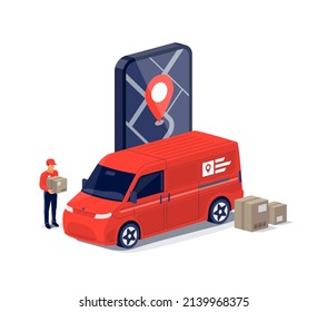 Fast delivery by van truck parcel mail service with tracking smartphone mobile phone map app on screen. Cargo shipping man holding box package gift. Express online freight order. E-commerce concept.