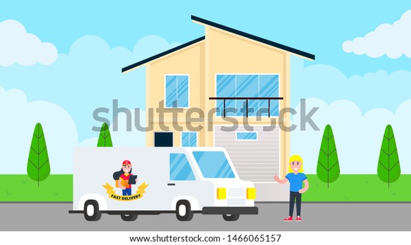 Fast delivery car with\
cargo shipment and girl with box and clipboard on van flat style\
design standing near woman behind building. Delivery to home\
concept. Fast and free.