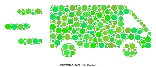 Fast Delivery Car composition of filled circles in different sizes and ecological green color tones. Vector filled circles are combined into fast delivery car illustration. Fresh vector illustration.