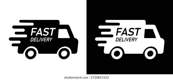 Fast delivery car logo vector icon design. Black and White Fast Delivery car icon. Delivery truck, cargo van icon symbol. Fast delivery truck for shipping. Vector illustration.