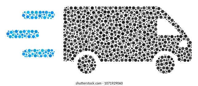 Fast Delivery Car mosaic of circle dots in various sizes and color shades. Small circles are organized into fast delivery car vector collage. Dotted vector design concept.