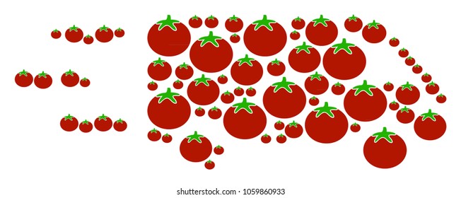 Fast Delivery Car mosaic of tomatoes in variable sizes. Vector tomato vegetable symbols are organized into fast delivery car pattern. Vegetarian vector illustration.