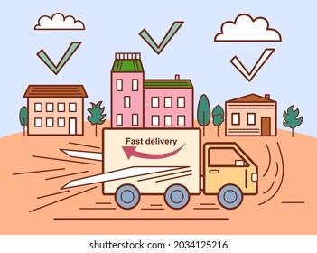 Fast delivery, a car with online orders, and houses with checkboxes where orders have already been delivered and where they need to be delivered.