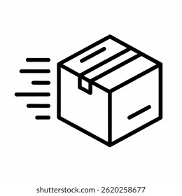 Fast Delivery Cardboard Box Icon – Minimal Line Art of Packing Box with Motion Lines on White Background