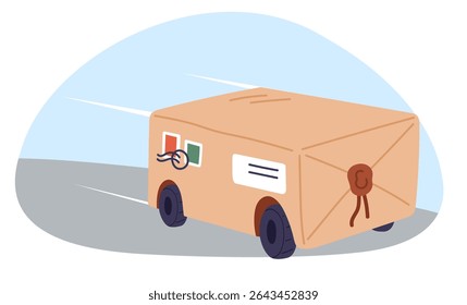 Fast delivery. Cardboard box with parcel on wheels quickly goes to address. Express postal shipping. Post order package shipment. Mail container speed motion. Drone courier traffic. Vector concept