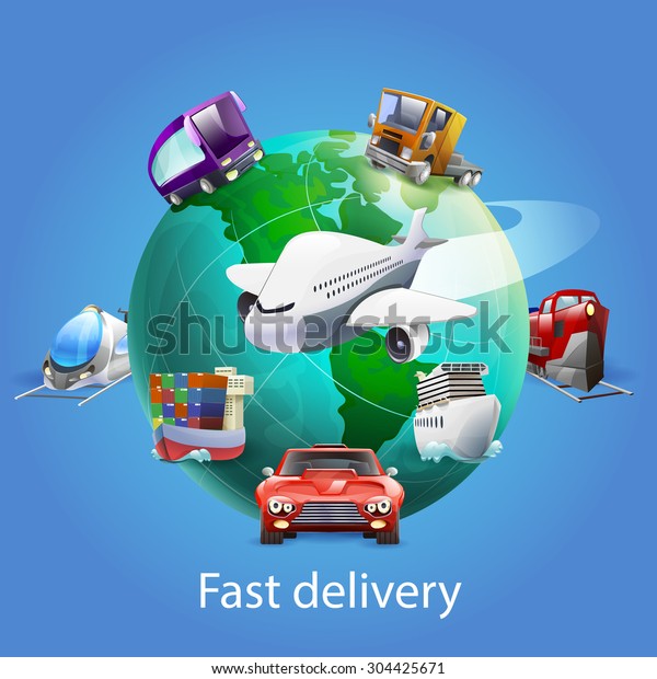 Fast delivery cartoon
concept with globe plane car and ship on blue background vector
illustration 