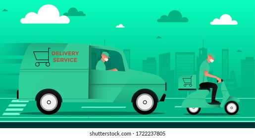 Fast delivery in city concept. Vector cartoon illustration quarentine service.