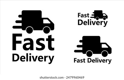 Fast delivery. A company icon or logo. An icon of a fast-moving car or truck. Black letters. Vector illustration. Black color.