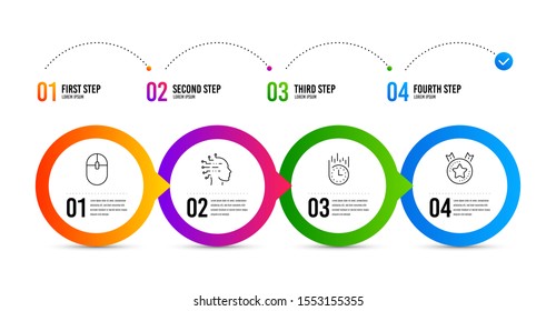 Fast delivery, Computer mouse and Artificial intelligence line icons set. Timeline infographic. Ranking star sign. Stopwatch, Pc equipment, Mind intellect. Winner medal. Technology set. Vector