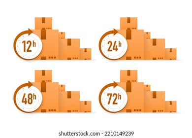 Fast delivery concept. 12, 24, 48, 72 hours clock arrow collection. Work time delivery service time. Vector illustration.