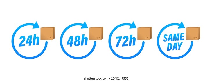 Concepto de entrega rápida. colección de relojes 24, 48, 72 horas. Horas de servicio, tiempo de entrega, horas de servicio, horas de trabajo o símbolo de tiempo de entrega. Ilustración del vector