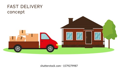 Fast delivery concept or background. Delivery van  and house with tree. Vector illustration.