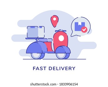 Fast delivery concept box package on scooter point location white isolated background with flat outline style