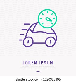 Fast delivery concept. Car riding on maximum speed thin line icon. Modern vector illustration.