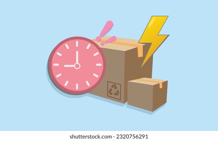 Schnelles Lieferkonzept. Kartonboxen mit Wecker. Express-Versanddienst. Schnell bewegen. Floating-Paketkästen.